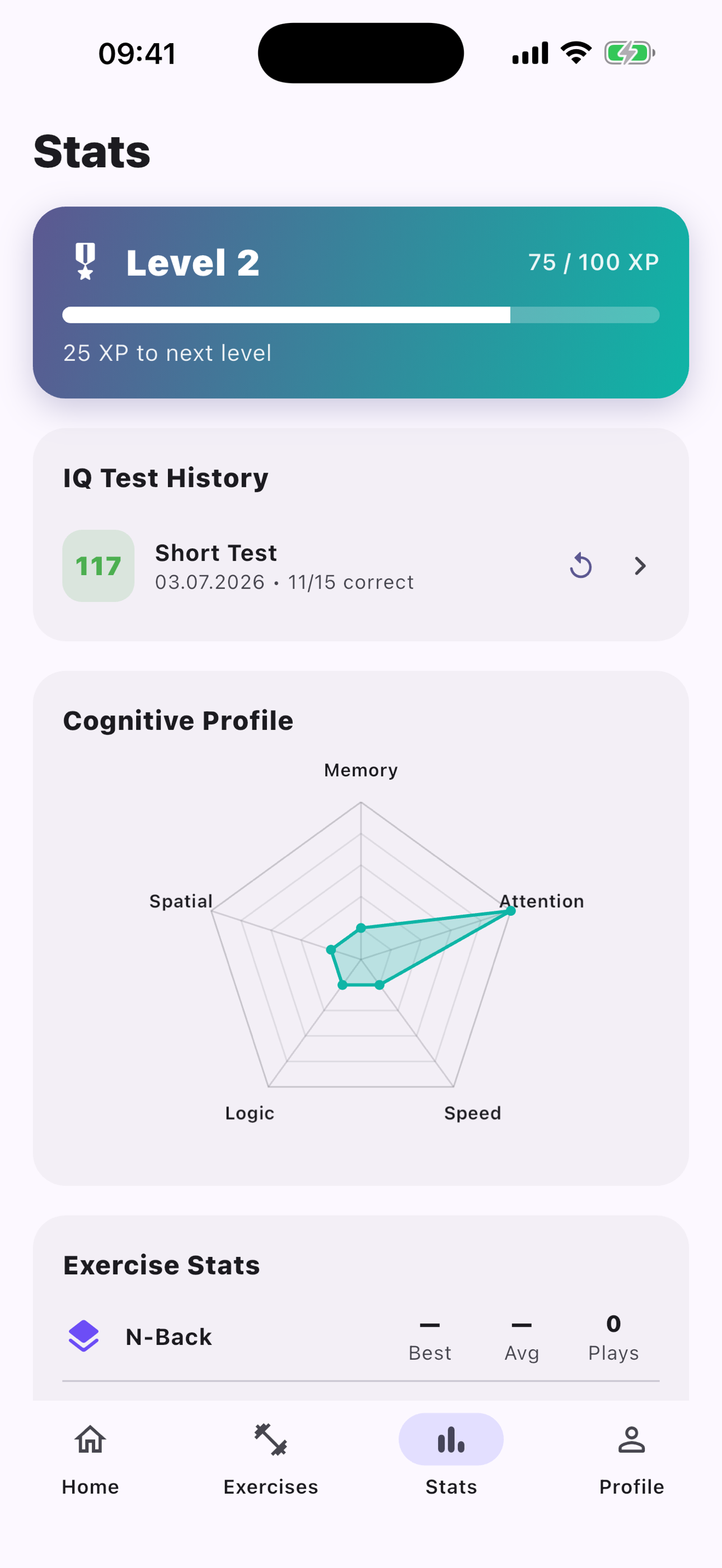 Stats screen with level, XP, test history and a cognitive profile radar